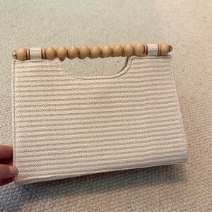 Woven Cream Handheld Tote with Beaded Handle